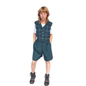 Vintage 80s In Touch Green Plaid Romper – Belted Shorts Jumpsuit, Rayon M